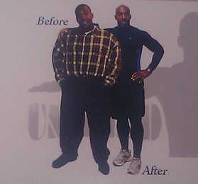 Photo of licensed fitness trainer Emanuel Williams before and after loosing over 150lbs.